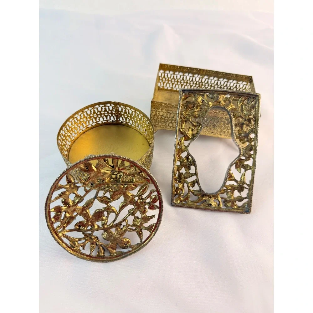 Vintage Hollywood Regency Gold Filigree Bird Flower Tissue Box & Trinket Jar Set